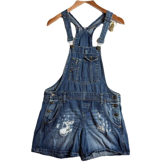 LEI Dark Blue Denim Jean Overalls Summer Jorts Shorts Junior Sz‎ M 100% Cotton - Picture 1 of 13